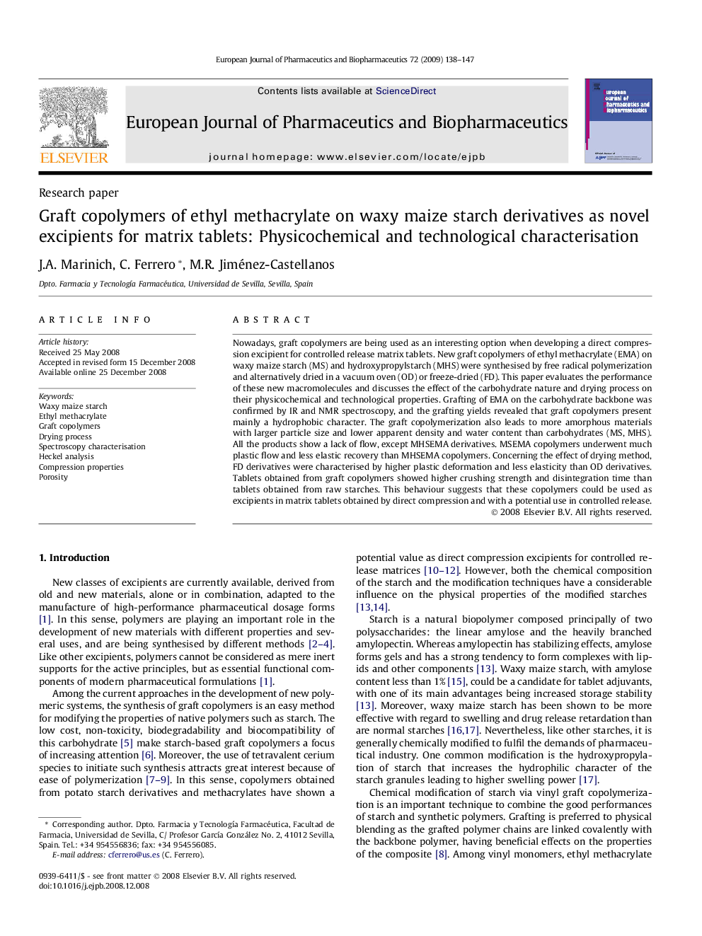 Graft copolymers of ethyl methacrylate on waxy maize starch derivatives as novel excipients for matrix tablets: Physicochemical and technological characterisation