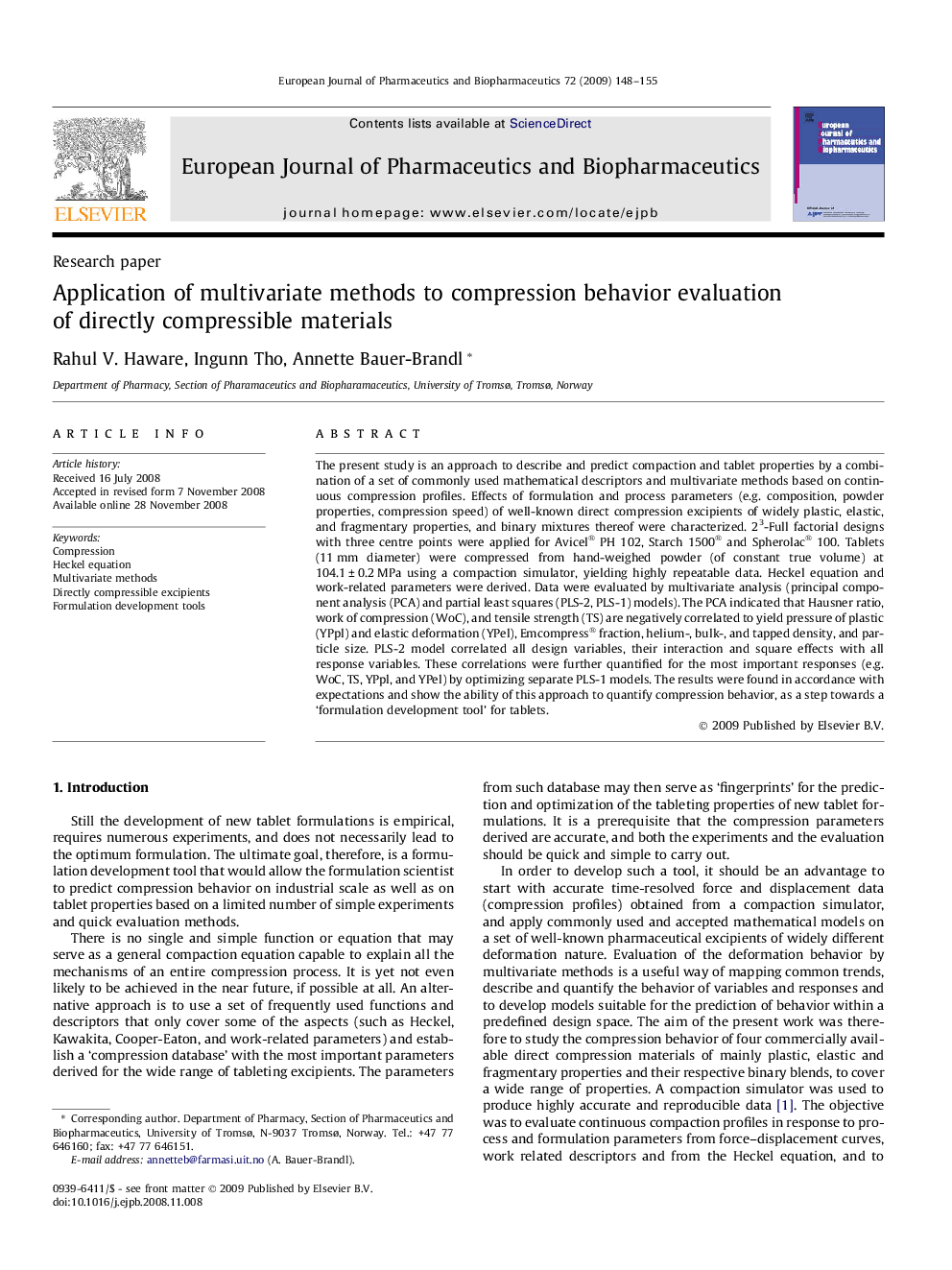 Application of multivariate methods to compression behavior evaluation of directly compressible materials