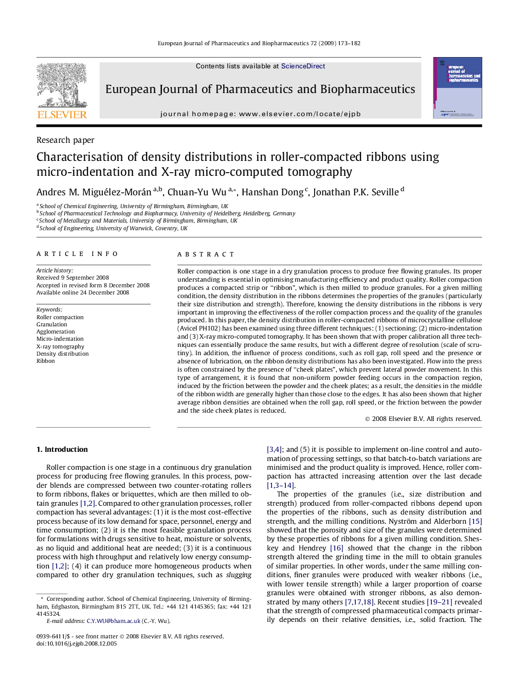 Characterisation of density distributions in roller-compacted ribbons using micro-indentation and X-ray micro-computed tomography