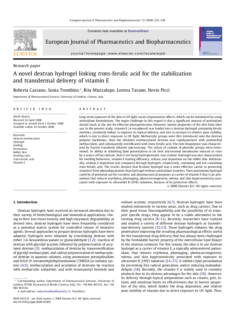 A novel dextran hydrogel linking trans-ferulic acid for the stabilization and transdermal delivery of vitamin E