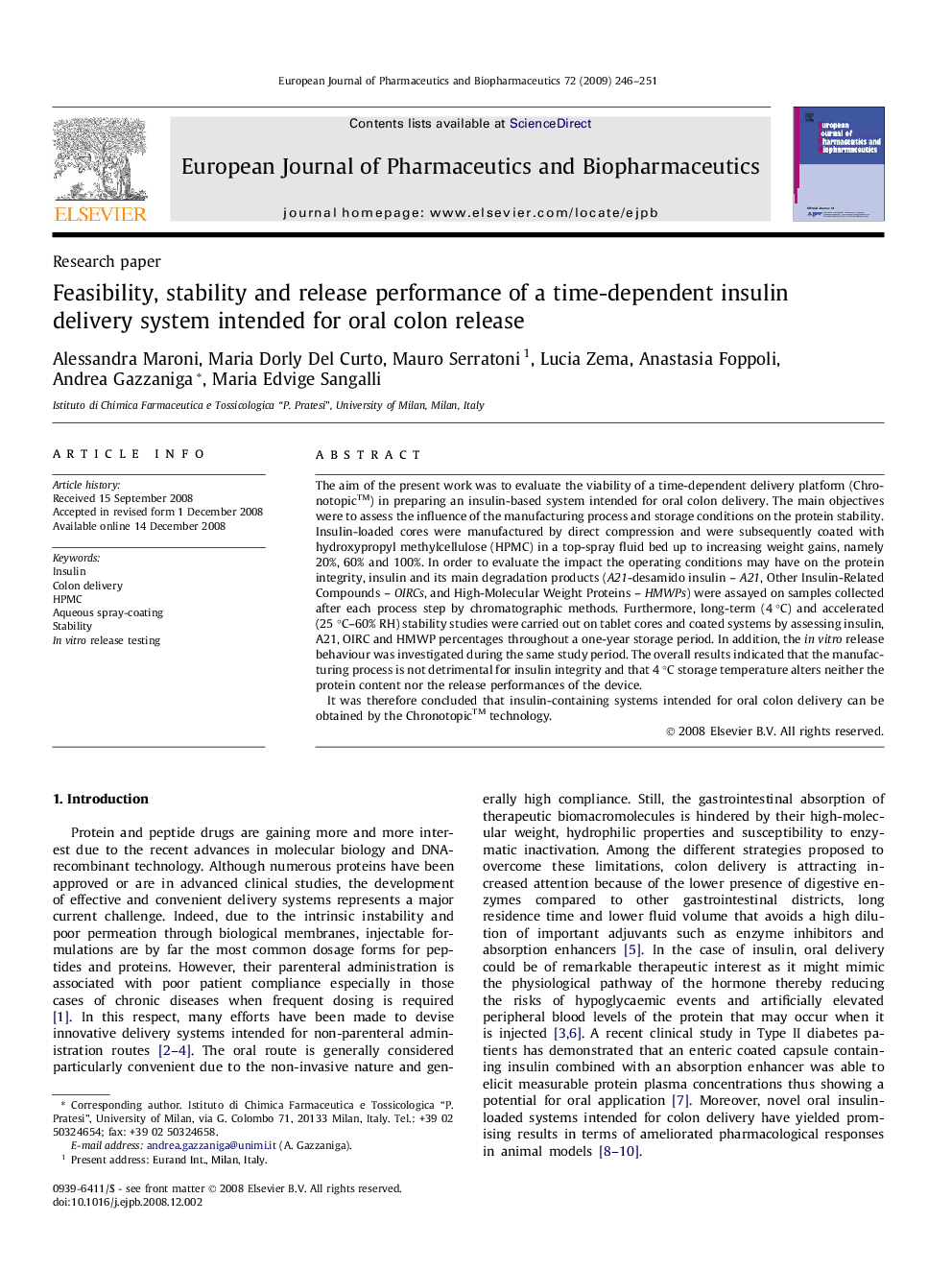 Feasibility, stability and release performance of a time-dependent insulin delivery system intended for oral colon release