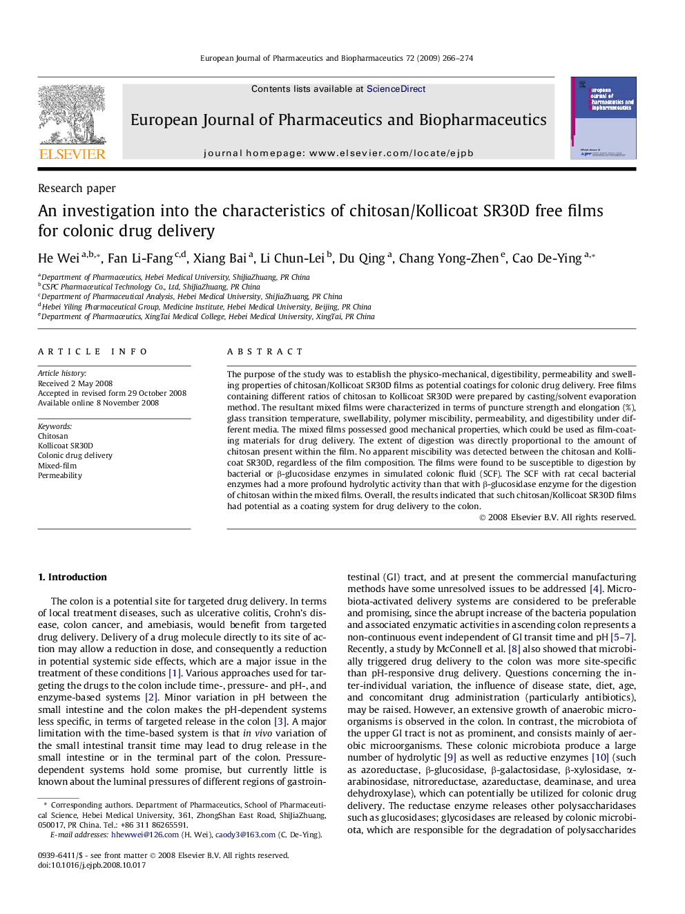 An investigation into the characteristics of chitosan/Kollicoat SR30D free films for colonic drug delivery