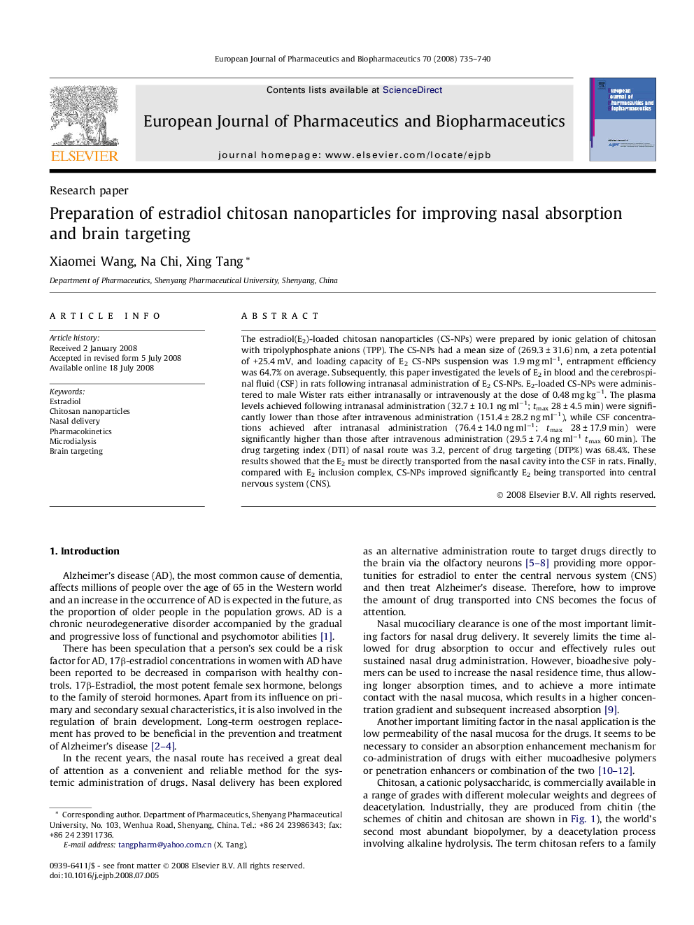 Preparation of estradiol chitosan nanoparticles for improving nasal absorption and brain targeting