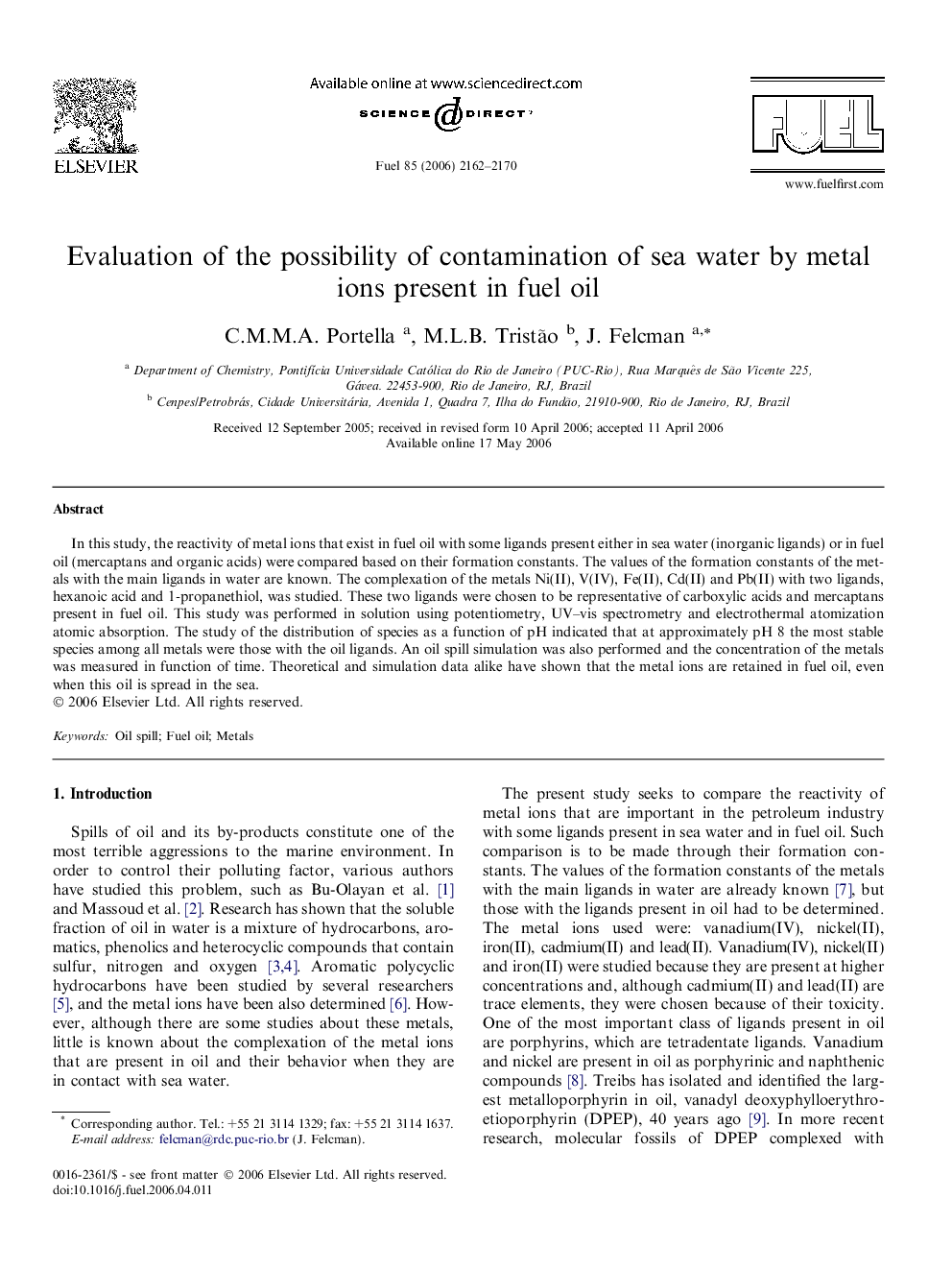 Evaluation of the possibility of contamination of sea water by metal ions present in fuel oil