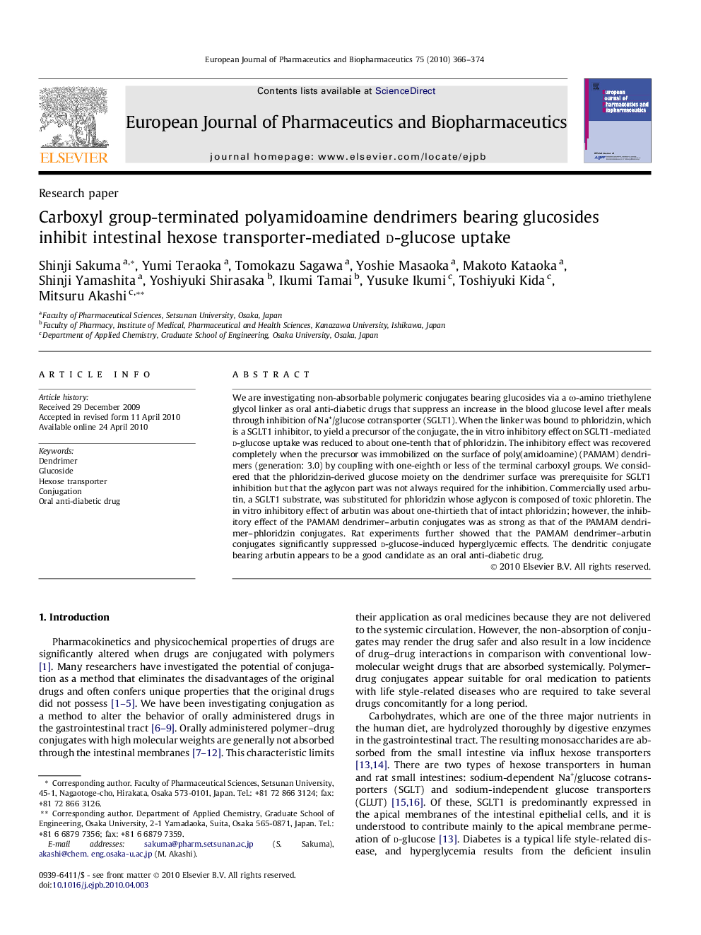 Carboxyl group-terminated polyamidoamine dendrimers bearing glucosides inhibit intestinal hexose transporter-mediated d-glucose uptake