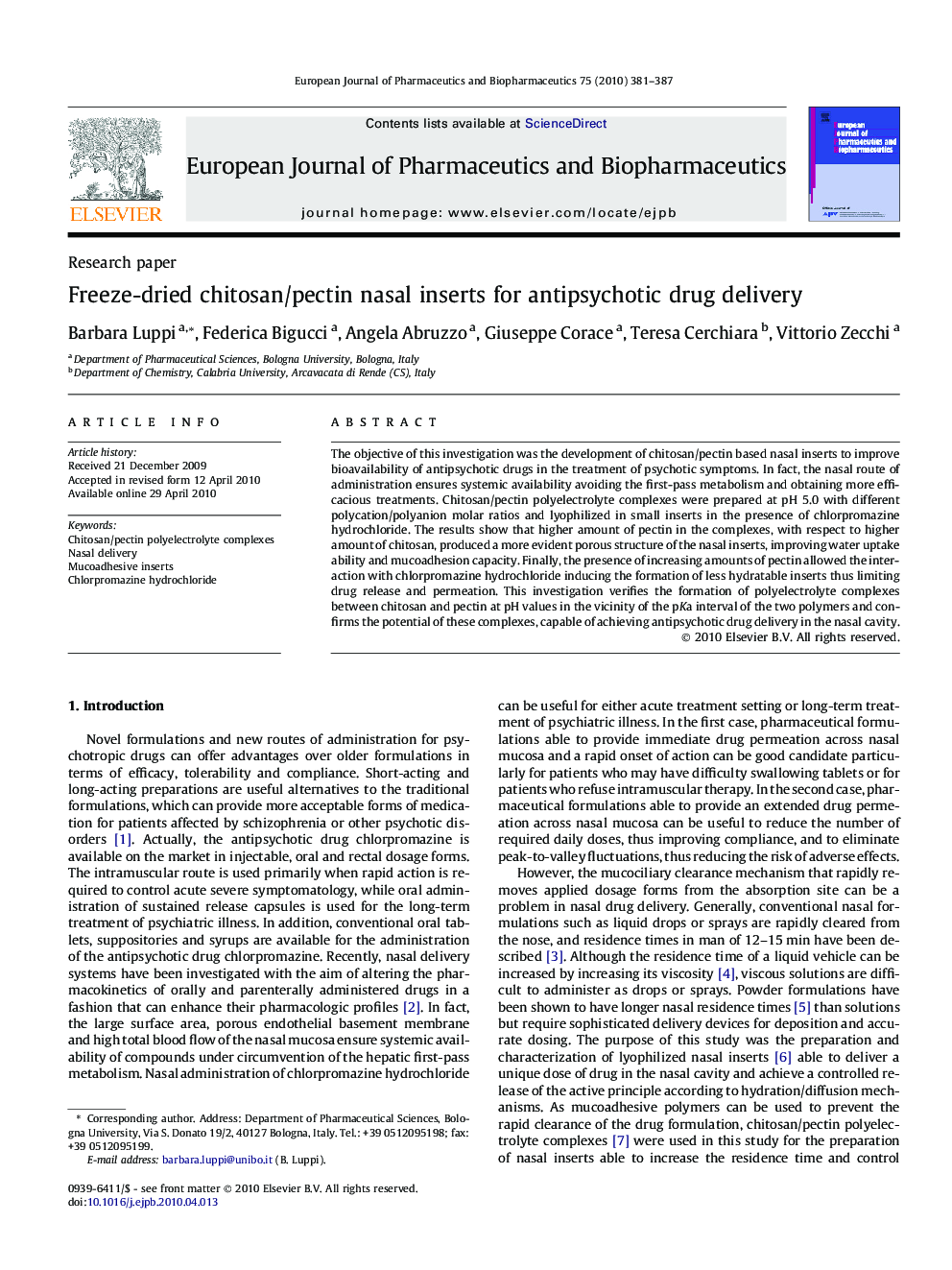 Freeze-dried chitosan/pectin nasal inserts for antipsychotic drug delivery