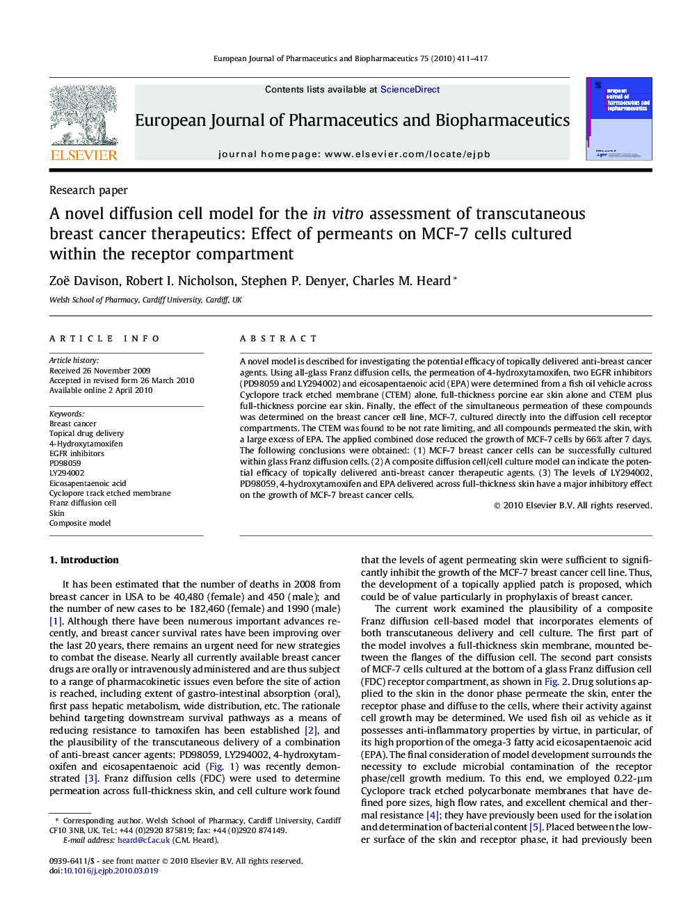 A novel diffusion cell model for the in vitro assessment of transcutaneous breast cancer therapeutics: Effect of permeants on MCF-7 cells cultured within the receptor compartment