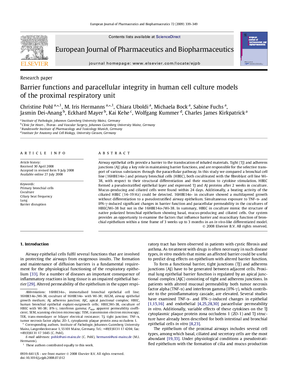 Barrier functions and paracellular integrity in human cell culture models of the proximal respiratory unit