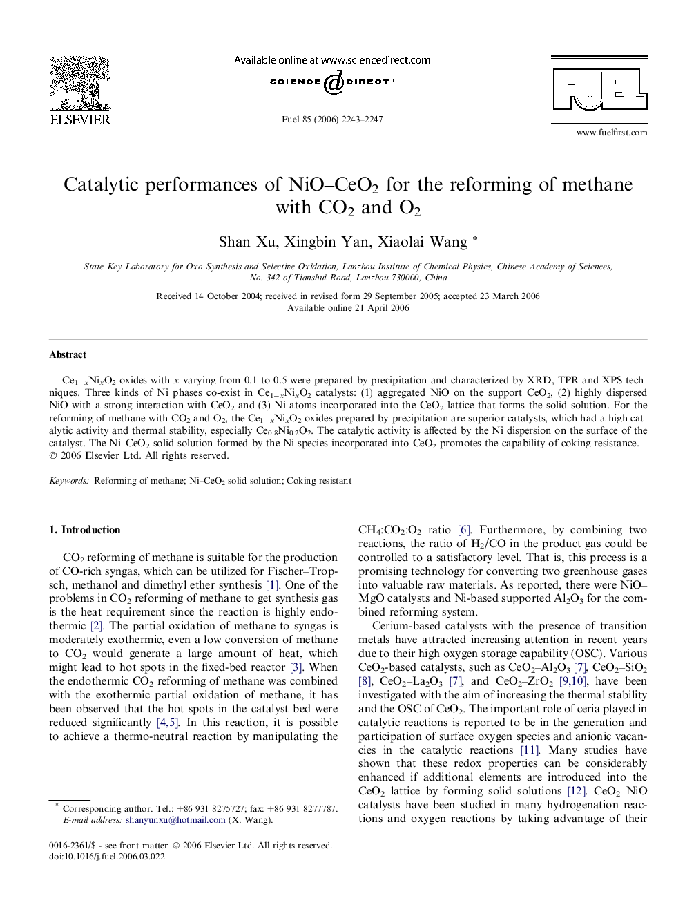 Catalytic performances of NiO–CeO2 for the reforming of methane with CO2 and O2