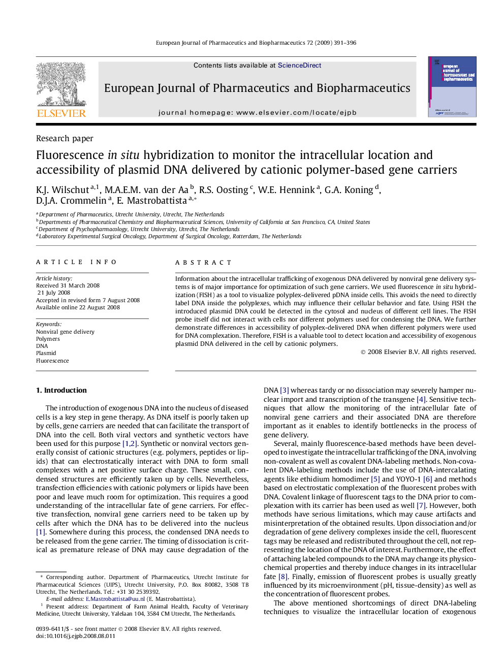 Fluorescence in situ hybridization to monitor the intracellular location and accessibility of plasmid DNA delivered by cationic polymer-based gene carriers