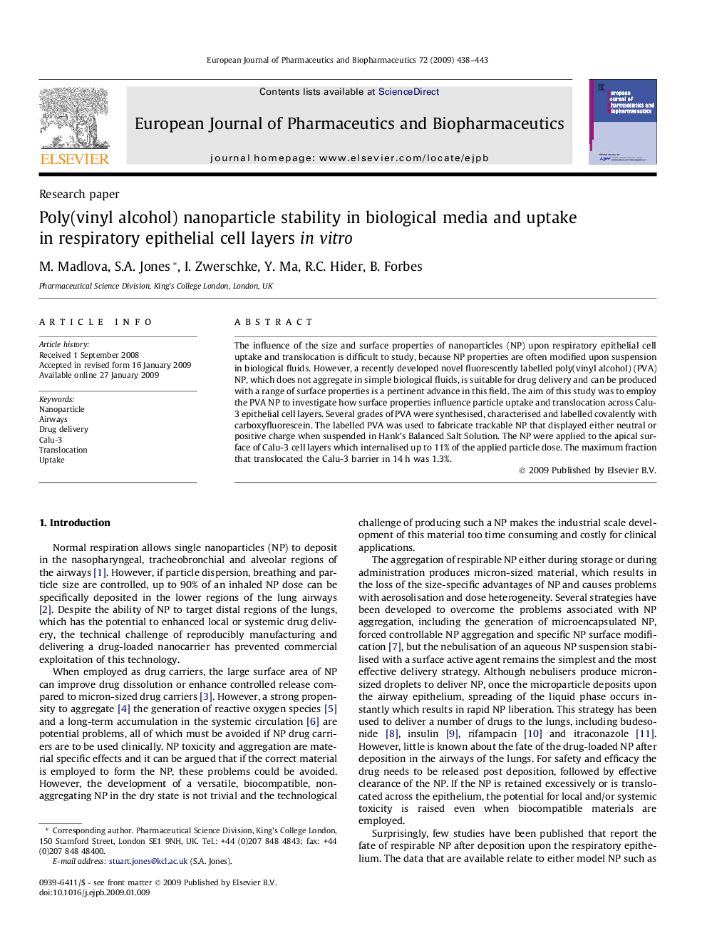 Poly(vinyl alcohol) nanoparticle stability in biological media and uptake in respiratory epithelial cell layers in vitro