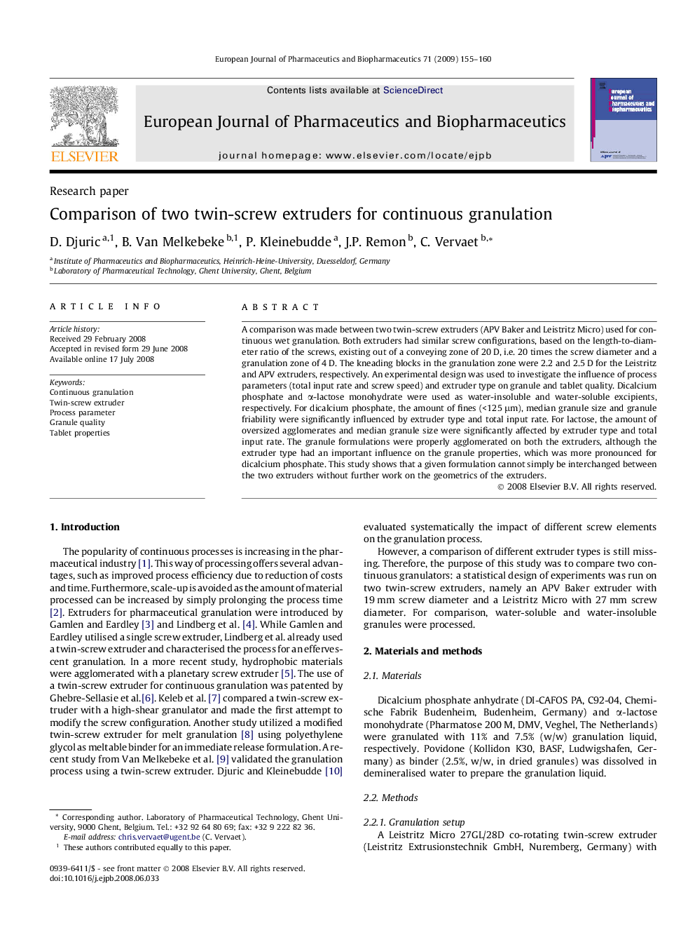 Comparison of two twin-screw extruders for continuous granulation