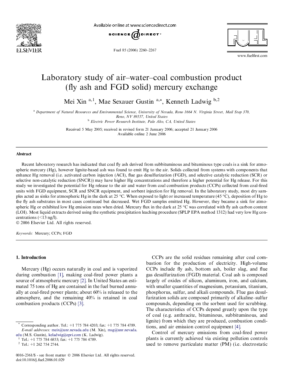 Laboratory study of air–water–coal combustion product (fly ash and FGD solid) mercury exchange