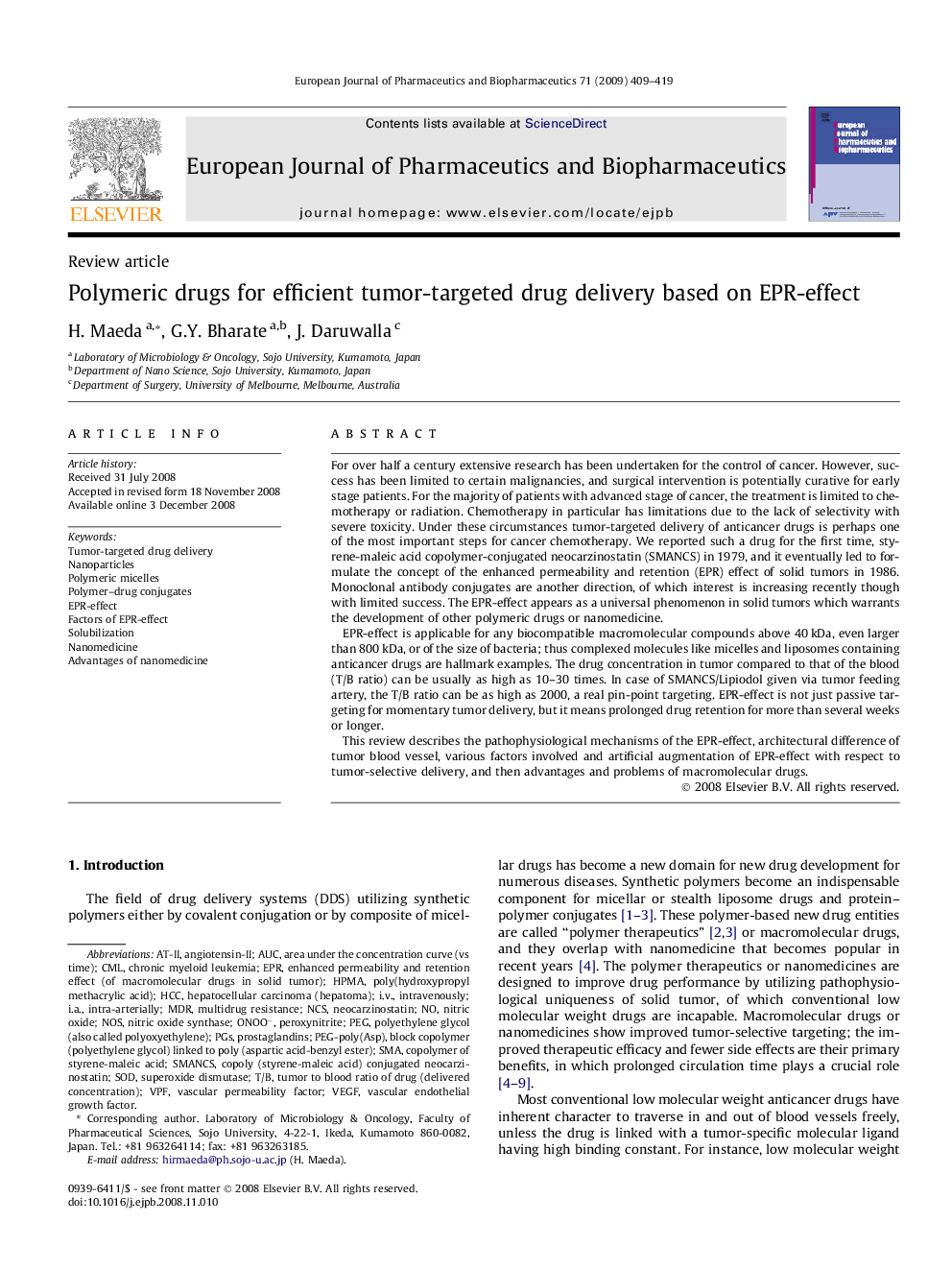 Polymeric drugs for efficient tumor-targeted drug delivery based on EPR-effect