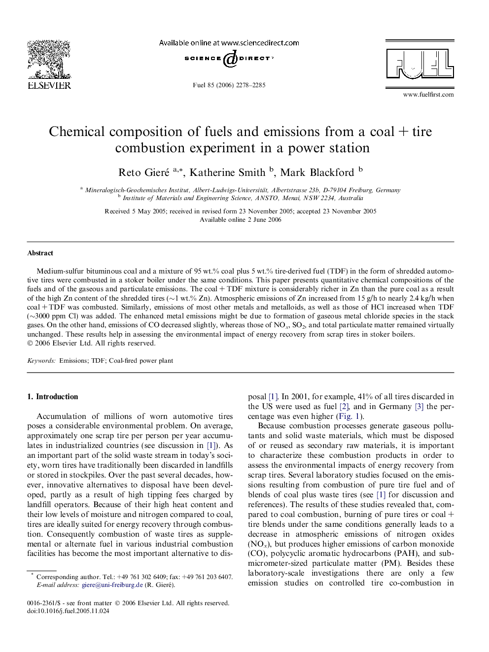 Chemical composition of fuels and emissions from a coal + tire combustion experiment in a power station