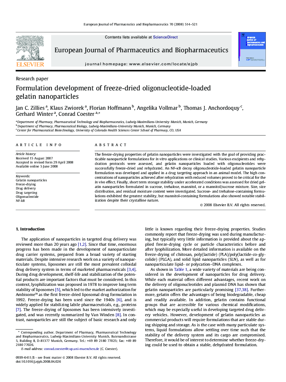 Formulation development of freeze-dried oligonucleotide-loaded gelatin nanoparticles