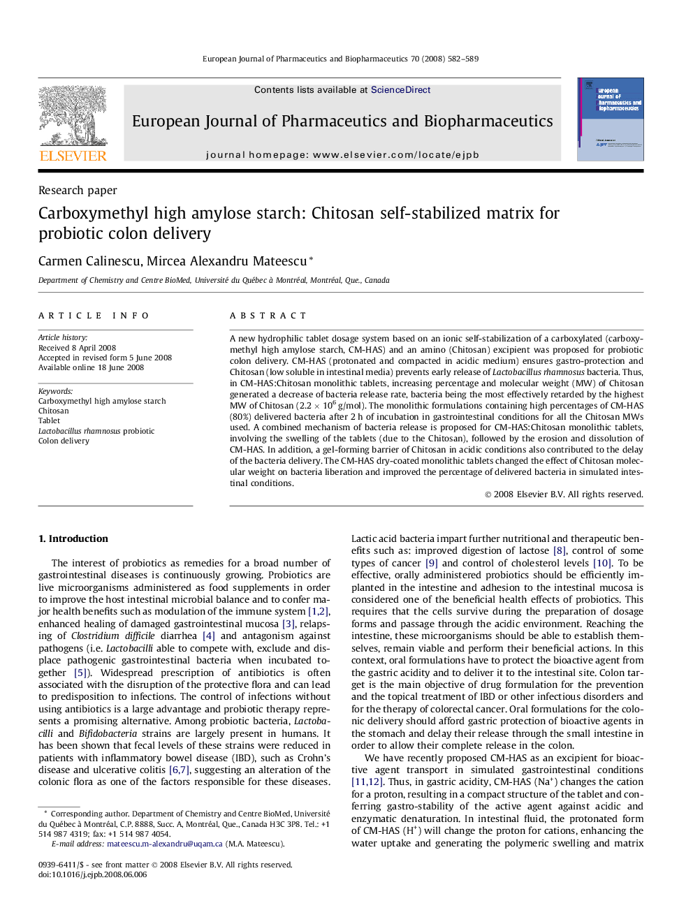 Carboxymethyl high amylose starch: Chitosan self-stabilized matrix for probiotic colon delivery