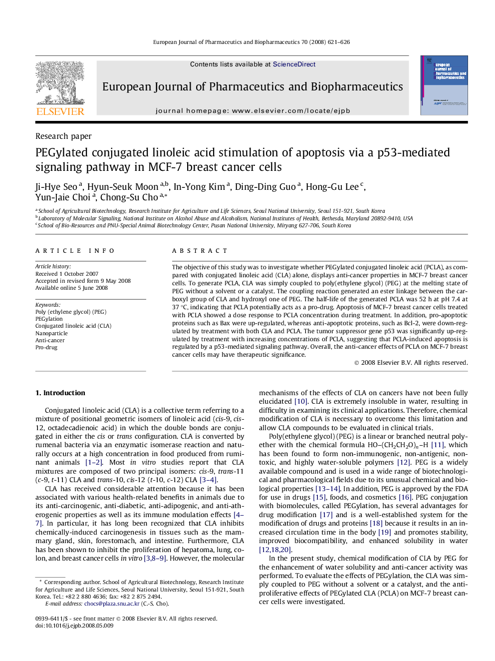 PEGylated conjugated linoleic acid stimulation of apoptosis via a p53-mediated signaling pathway in MCF-7 breast cancer cells