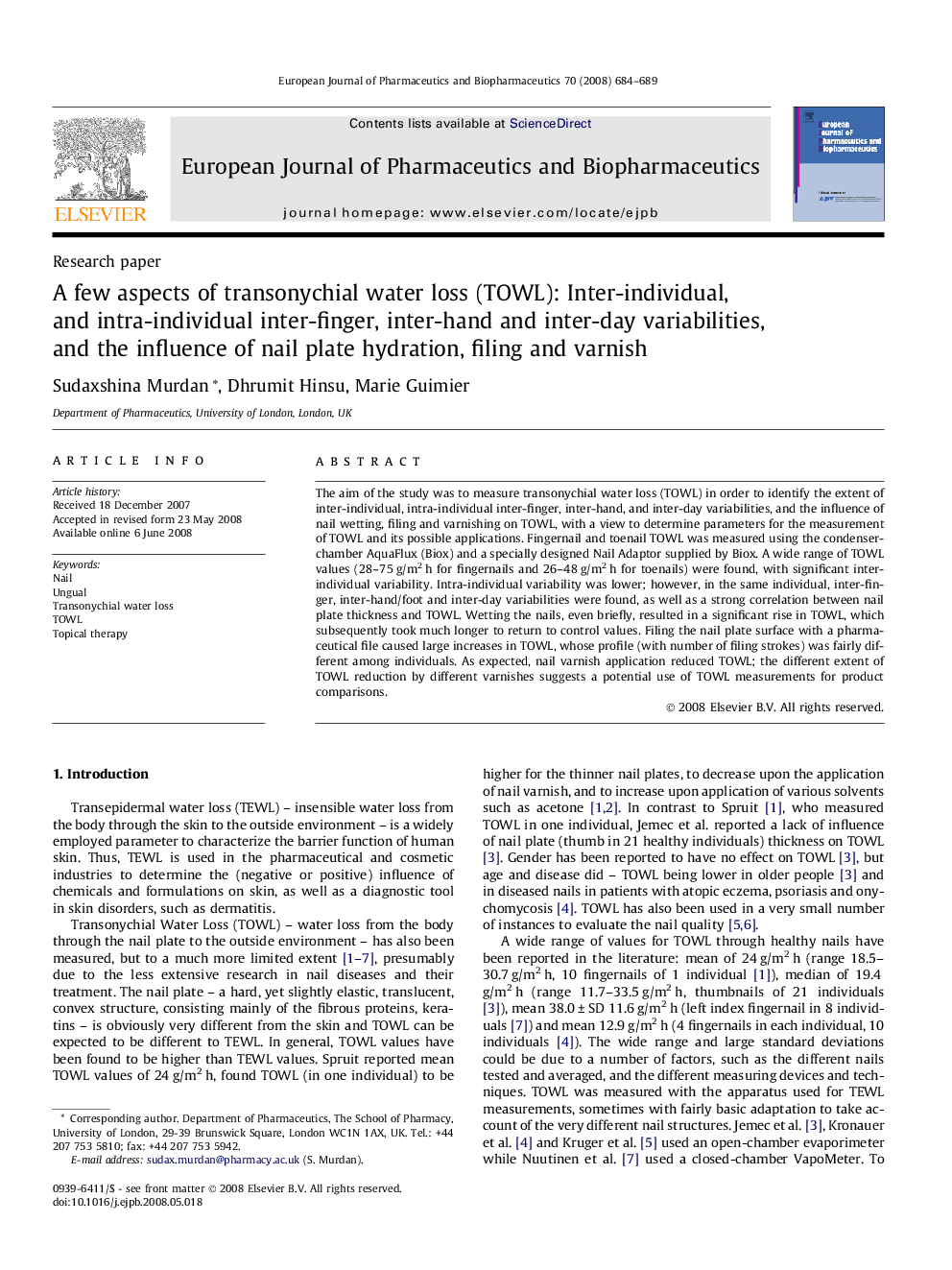 A few aspects of transonychial water loss (TOWL): Inter-individual, and intra-individual inter-finger, inter-hand and inter-day variabilities, and the influence of nail plate hydration, filing and varnish