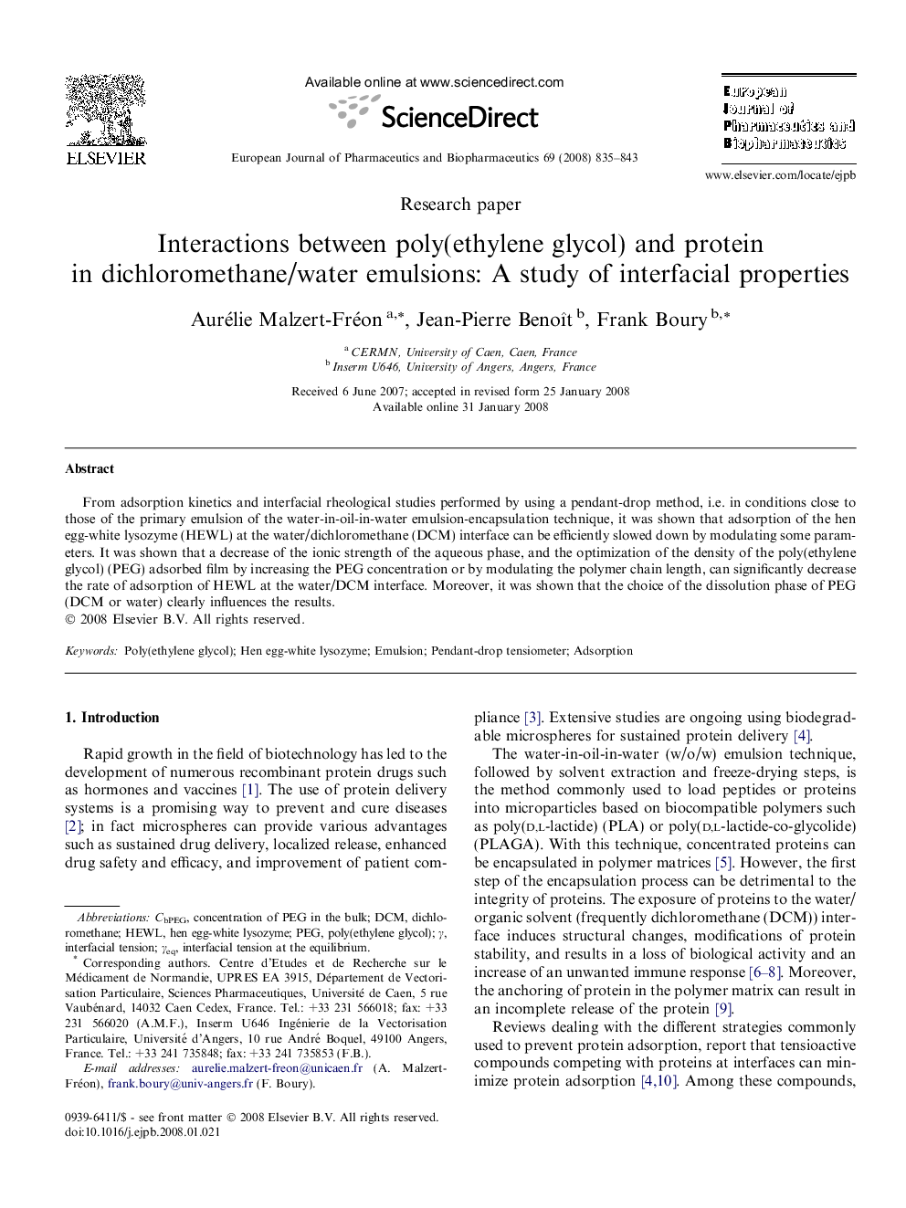 Interactions between poly(ethylene glycol) and protein in dichloromethane/water emulsions: A study of interfacial properties