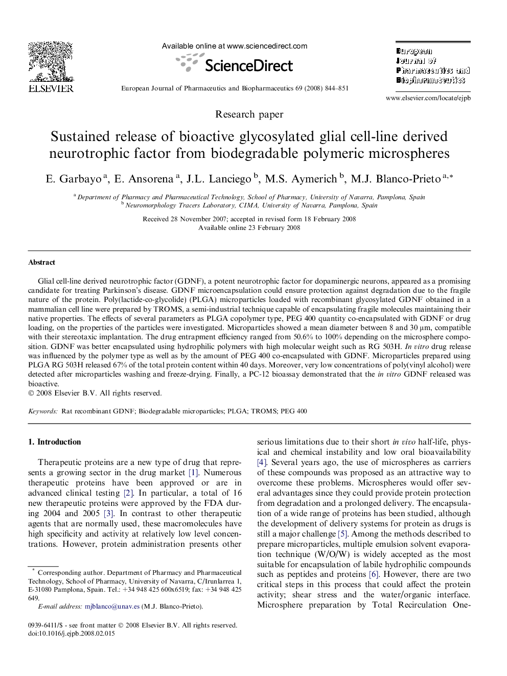 Sustained release of bioactive glycosylated glial cell-line derived neurotrophic factor from biodegradable polymeric microspheres