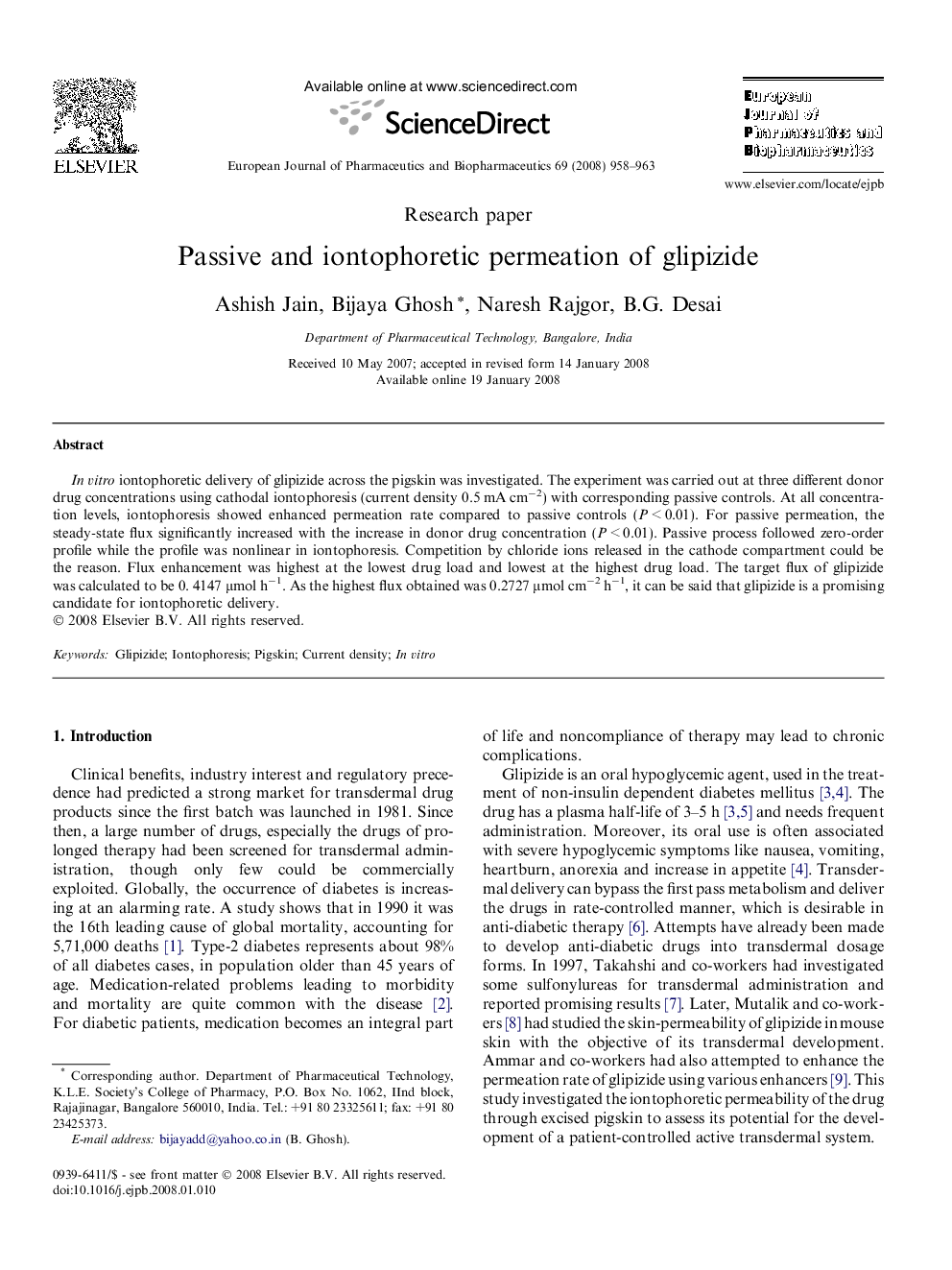 Passive and iontophoretic permeation of glipizide