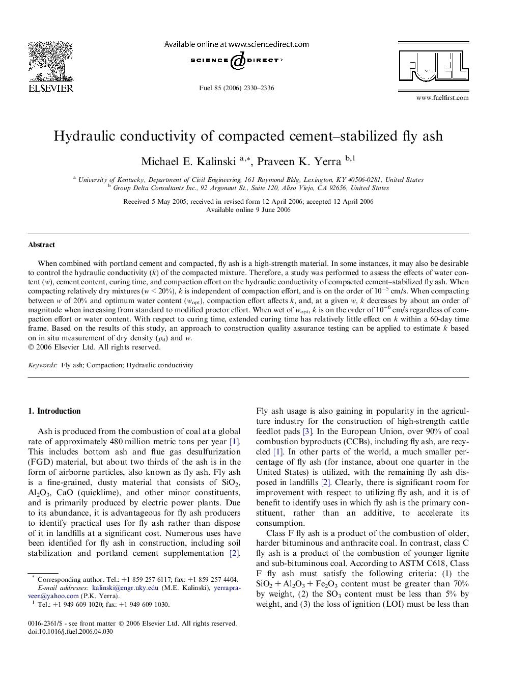 Hydraulic conductivity of compacted cement–stabilized fly ash