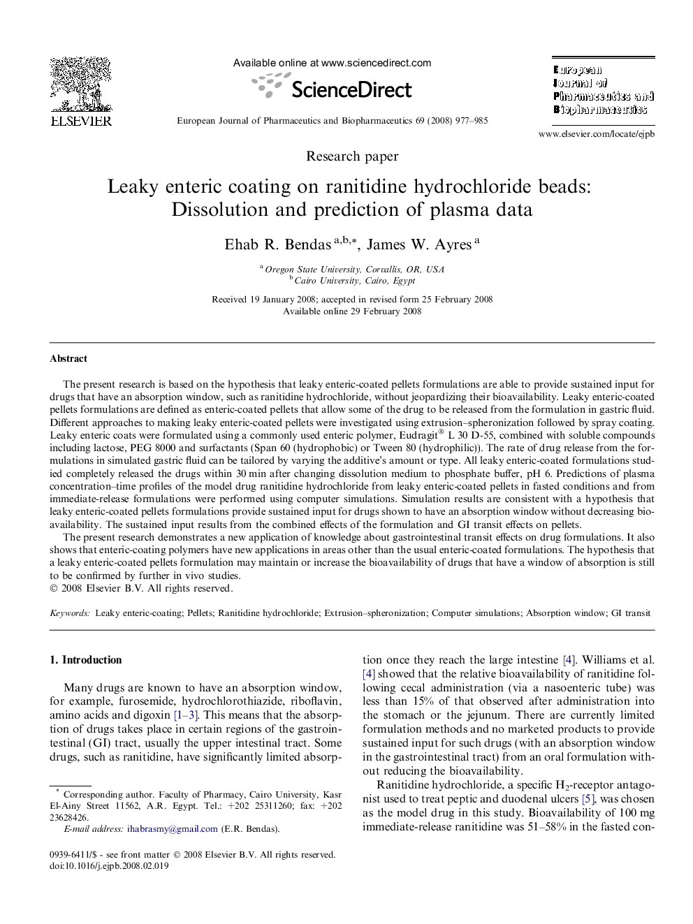 Leaky enteric coating on ranitidine hydrochloride beads: Dissolution and prediction of plasma data