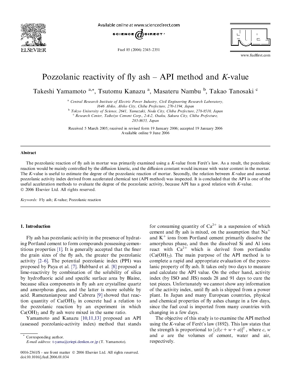 Pozzolanic reactivity of fly ash – API method and K-value