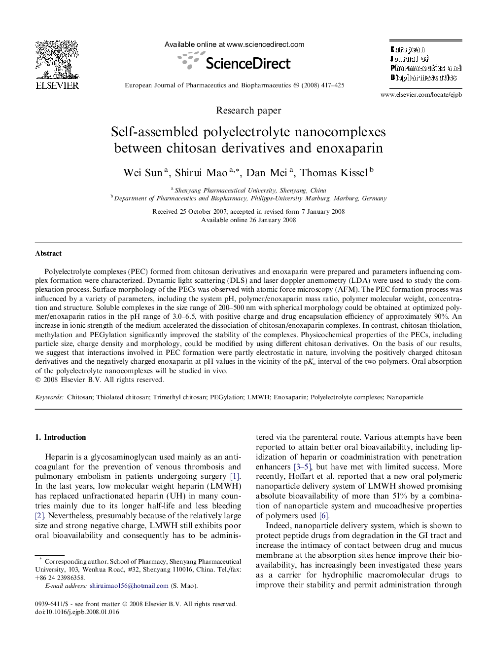 Self-assembled polyelectrolyte nanocomplexes between chitosan derivatives and enoxaparin