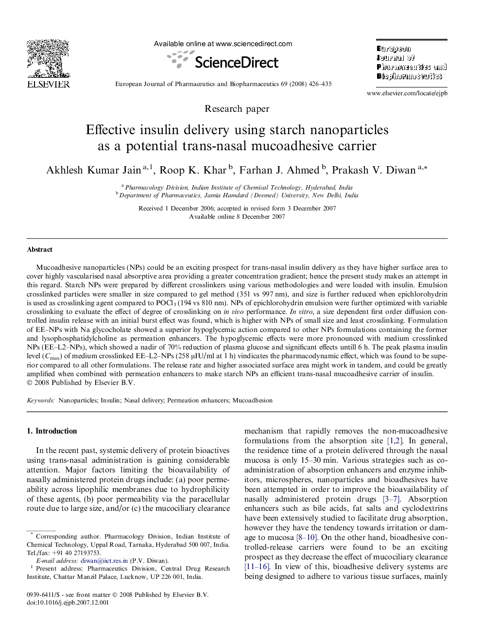 Effective insulin delivery using starch nanoparticles as a potential trans-nasal mucoadhesive carrier