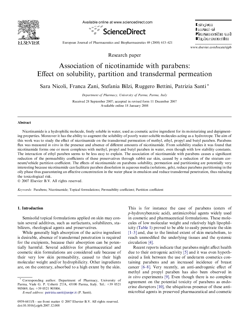 Association of nicotinamide with parabens: Effect on solubility, partition and transdermal permeation