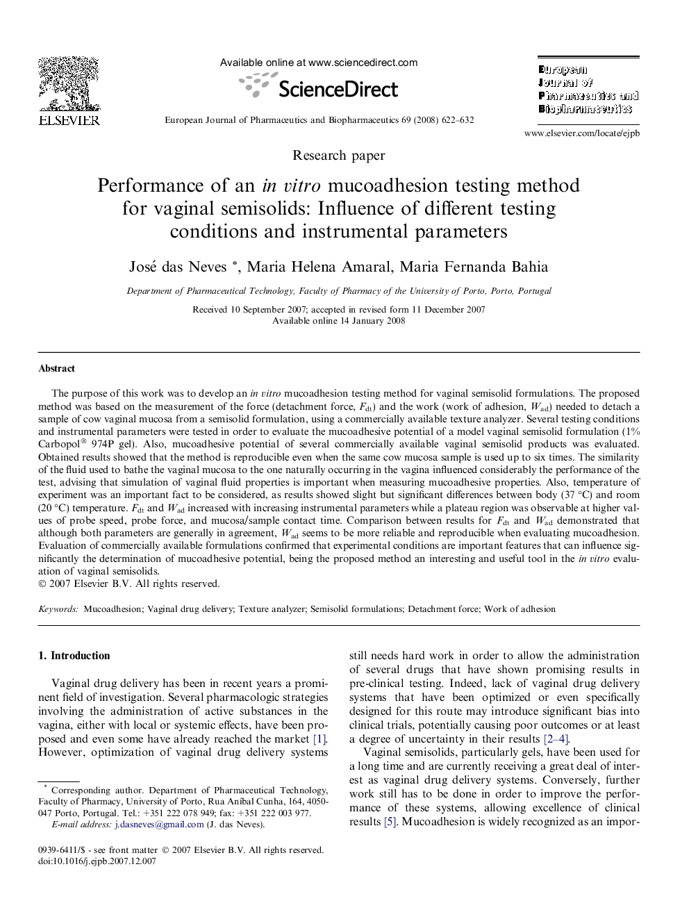 Performance of an in vitro mucoadhesion testing method for vaginal semisolids: Influence of different testing conditions and instrumental parameters