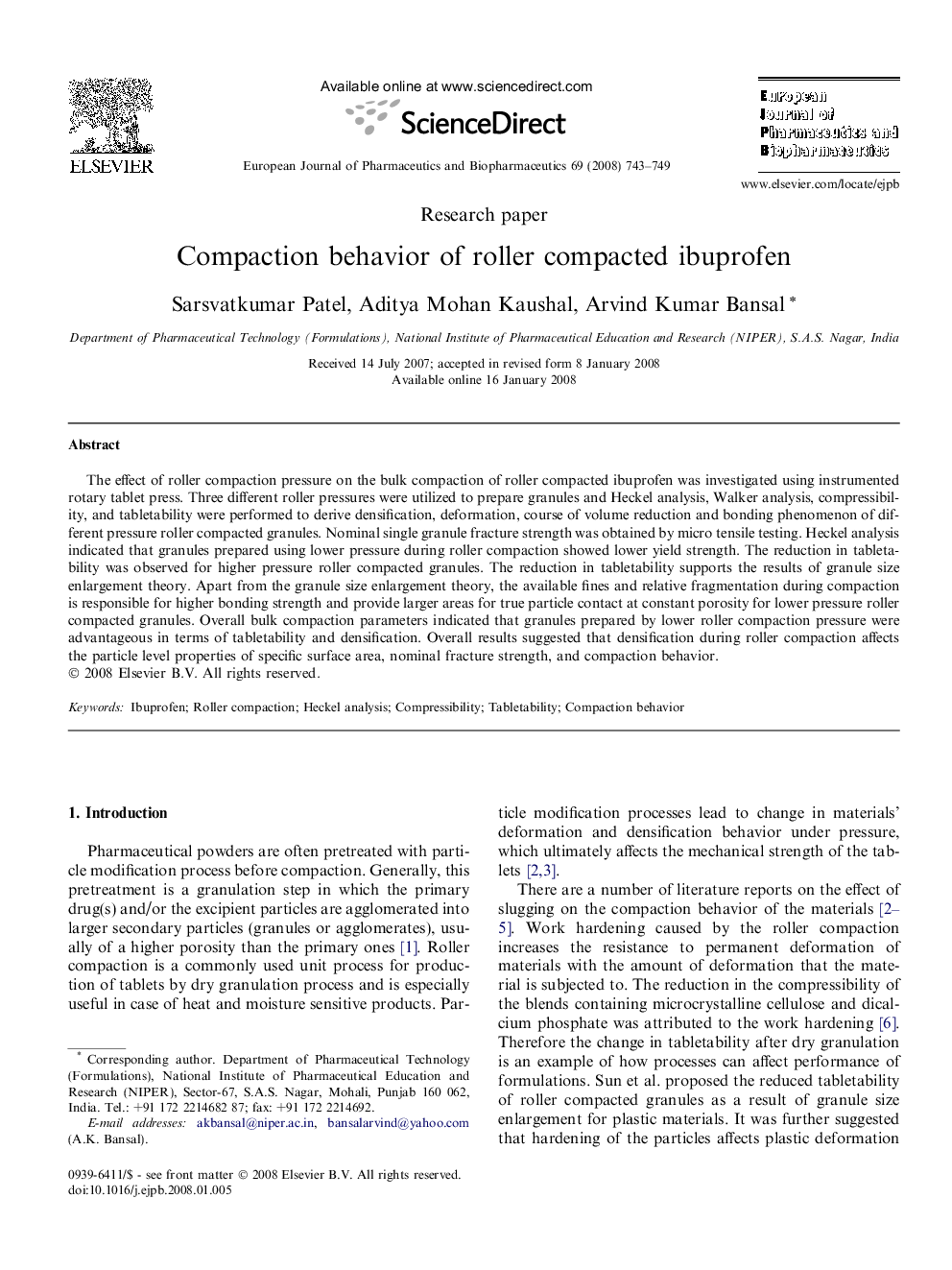 Compaction behavior of roller compacted ibuprofen