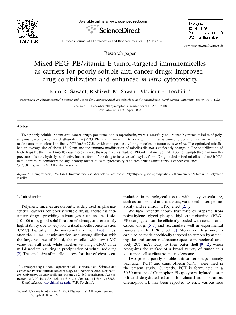 Mixed PEG–PE/vitamin E tumor-targeted immunomicelles as carriers for poorly soluble anti-cancer drugs: Improved drug solubilization and enhanced in vitro cytotoxicity