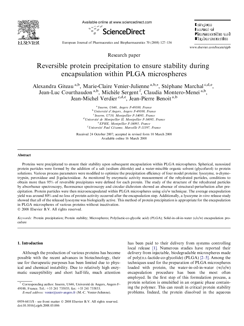 عکس صفحه اول مقاله: Reversible protein precipitation to ensure stability during encapsulation within PLGA microspheres Reversible protein precipitation to ensure stability during encapsulation within PLGA microspheres
