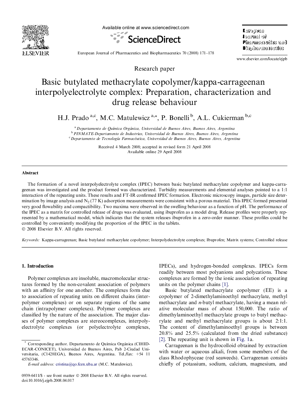 Basic butylated methacrylate copolymer/kappa-carrageenan interpolyelectrolyte complex: Preparation, characterization and drug release behaviour