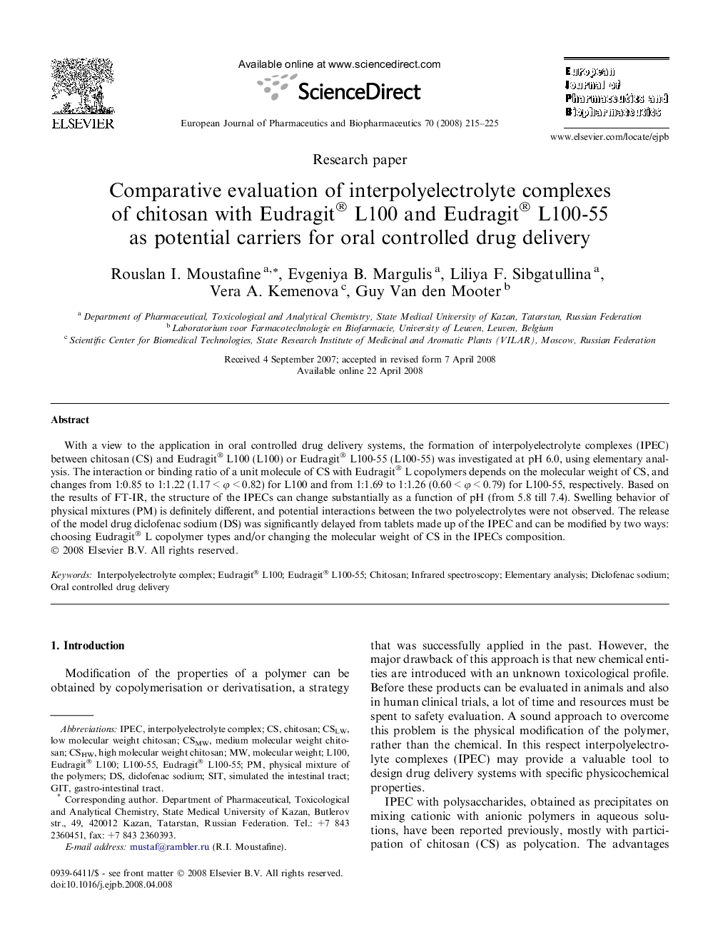 Comparative evaluation of interpolyelectrolyte complexes of chitosan with Eudragit® L100 and Eudragit® L100-55 as potential carriers for oral controlled drug delivery