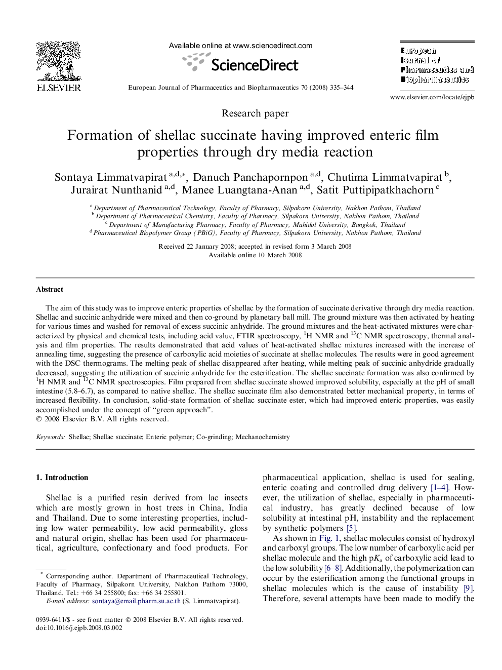 Formation of shellac succinate having improved enteric film properties through dry media reaction