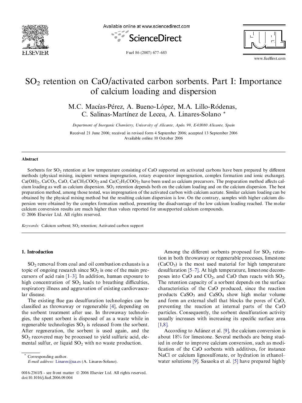 SO2 retention on CaO/activated carbon sorbents. Part I: Importance of calcium loading and dispersion