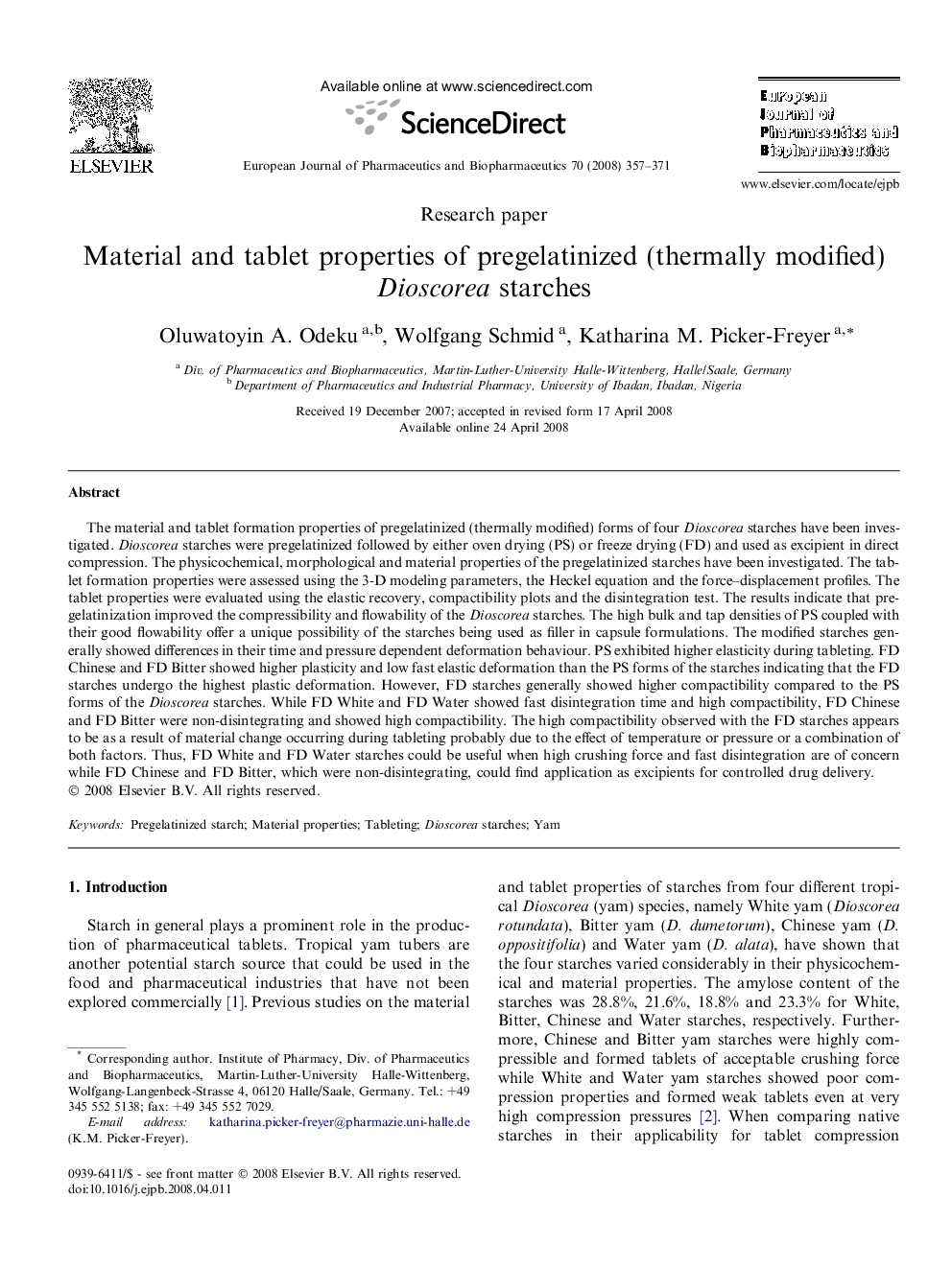 Material and tablet properties of pregelatinized (thermally modified) Dioscorea starches