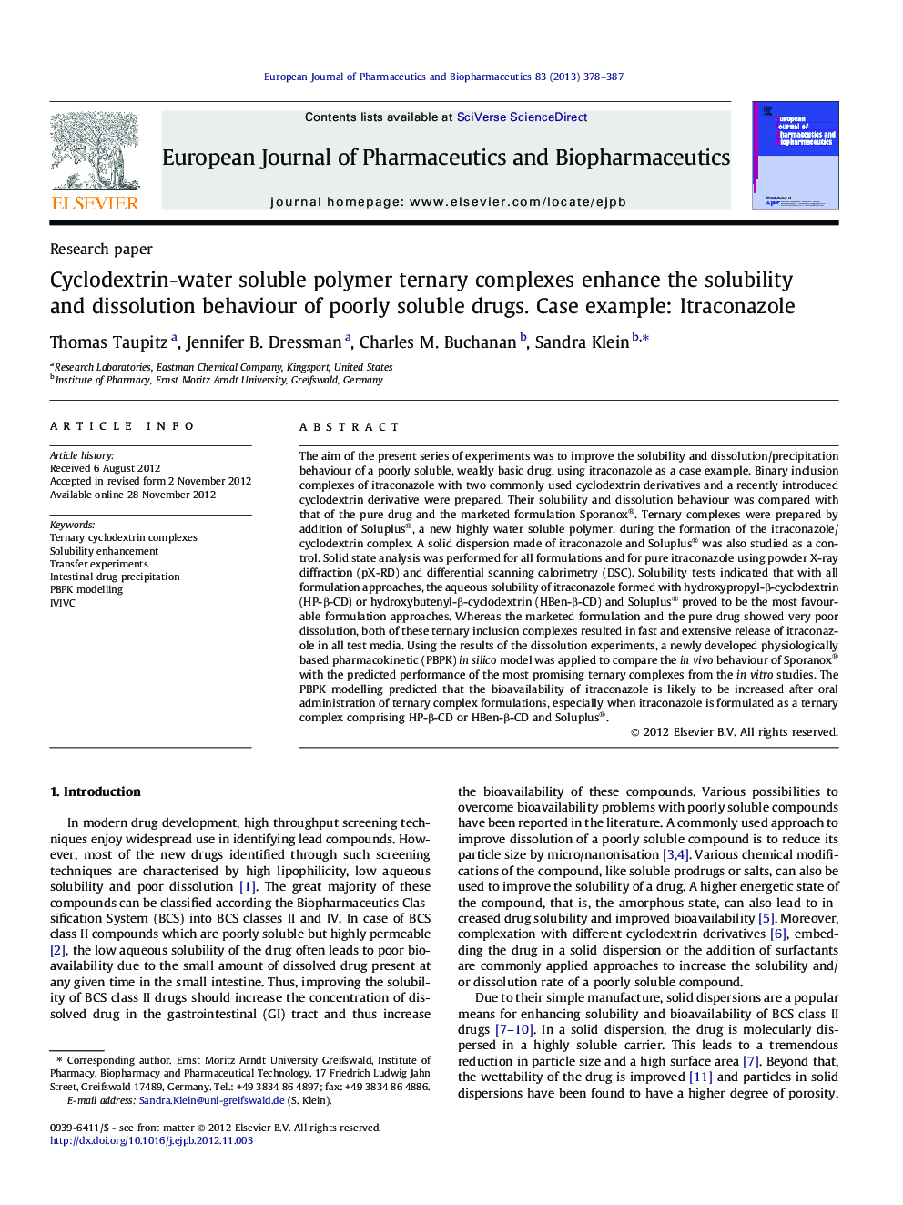 Cyclodextrin-water soluble polymer ternary complexes enhance the solubility and dissolution behaviour of poorly soluble drugs. Case example: Itraconazole