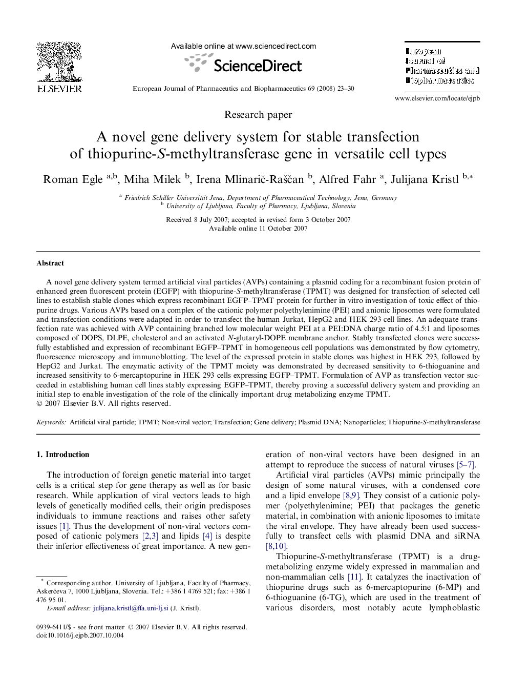 A novel gene delivery system for stable transfection of thiopurine-S-methyltransferase gene in versatile cell types