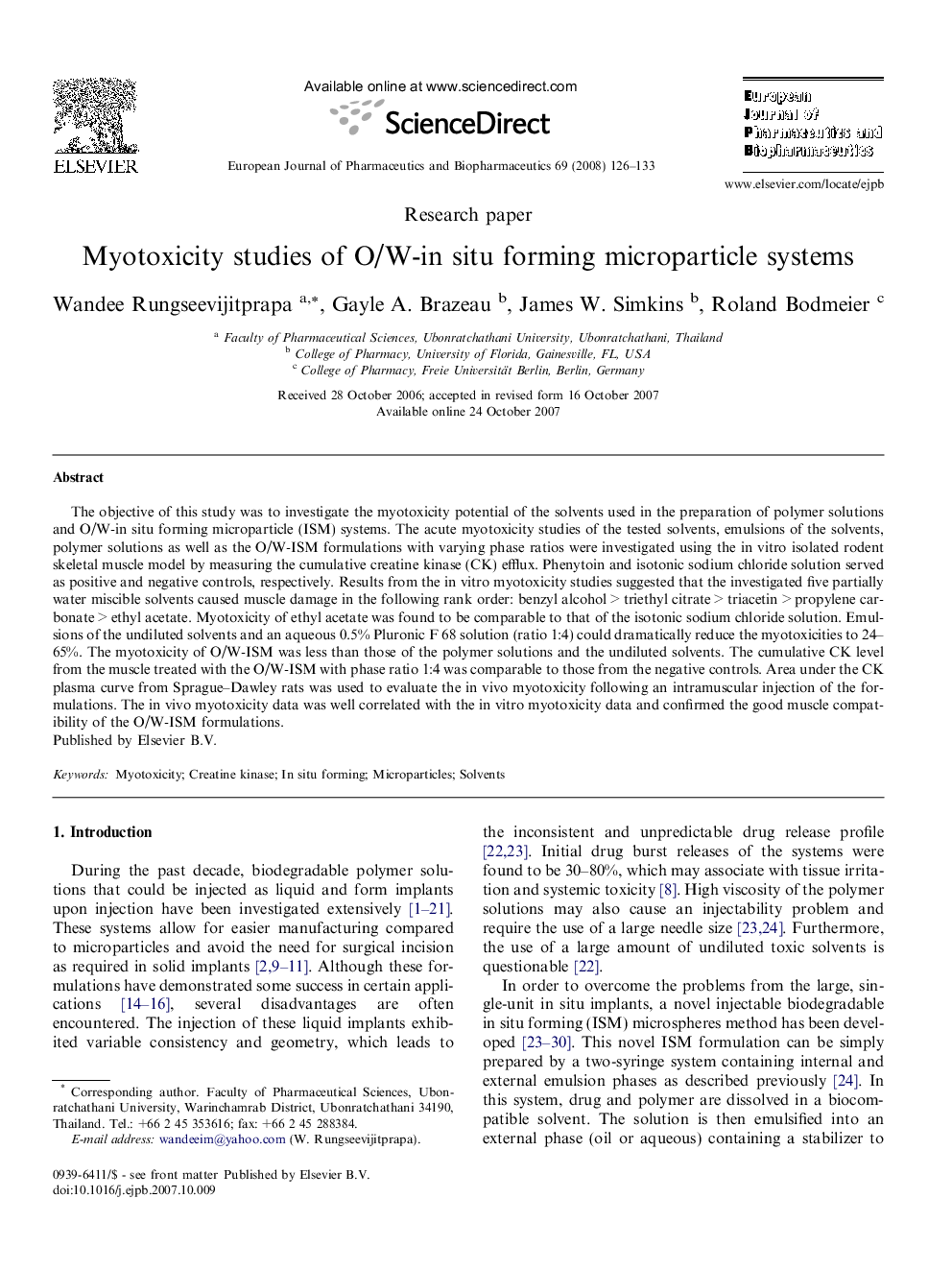 Myotoxicity studies of O/W-in situ forming microparticle systems