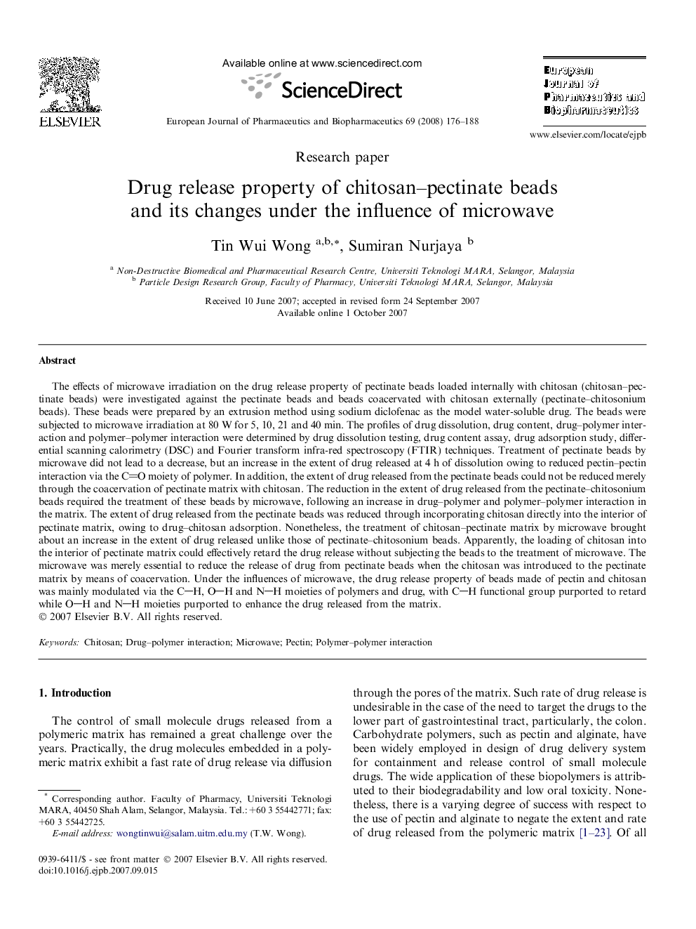 Drug release property of chitosan–pectinate beads and its changes under the influence of microwave