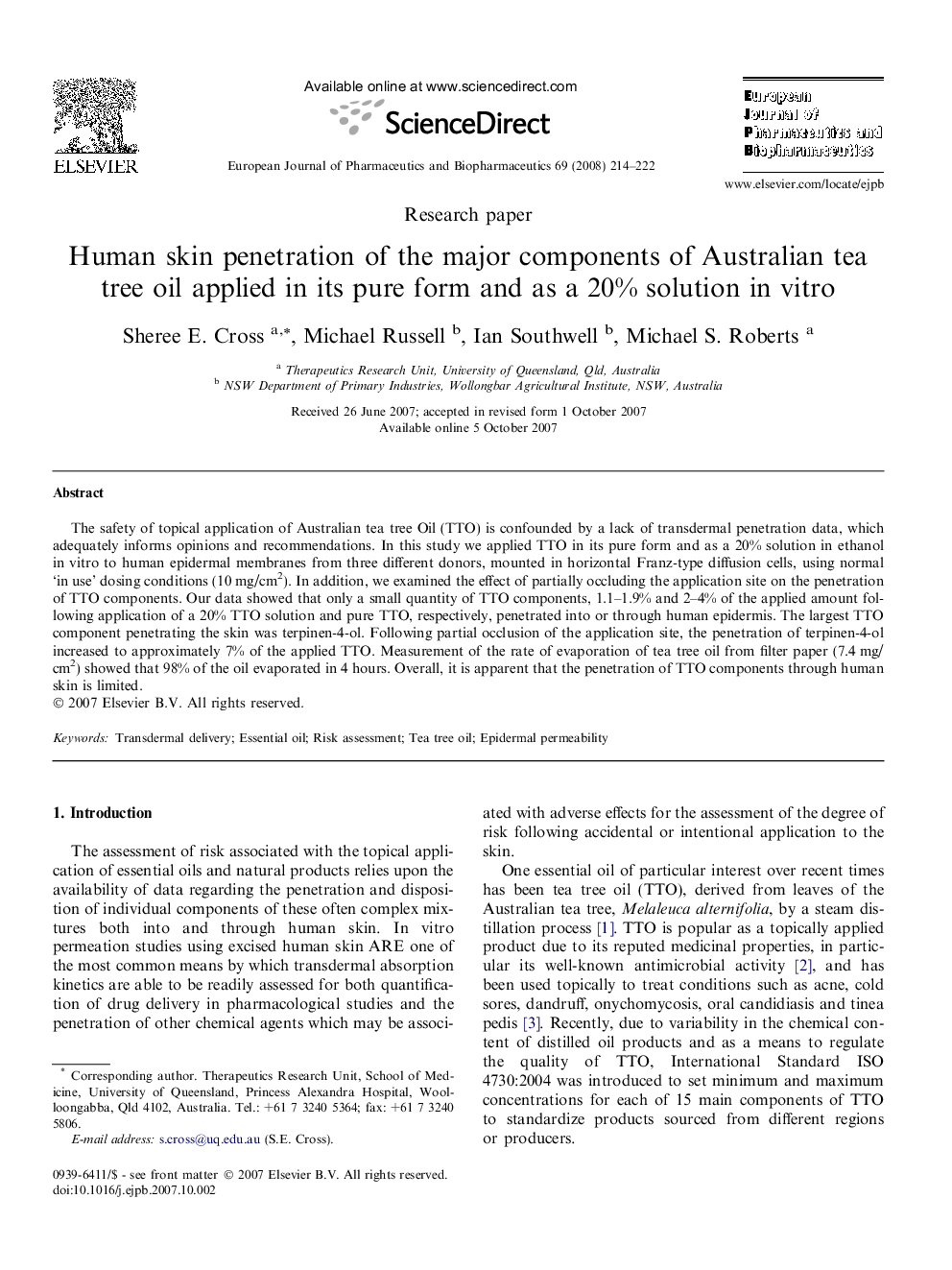 Human skin penetration of the major components of Australian tea tree oil applied in its pure form and as a 20% solution in vitro