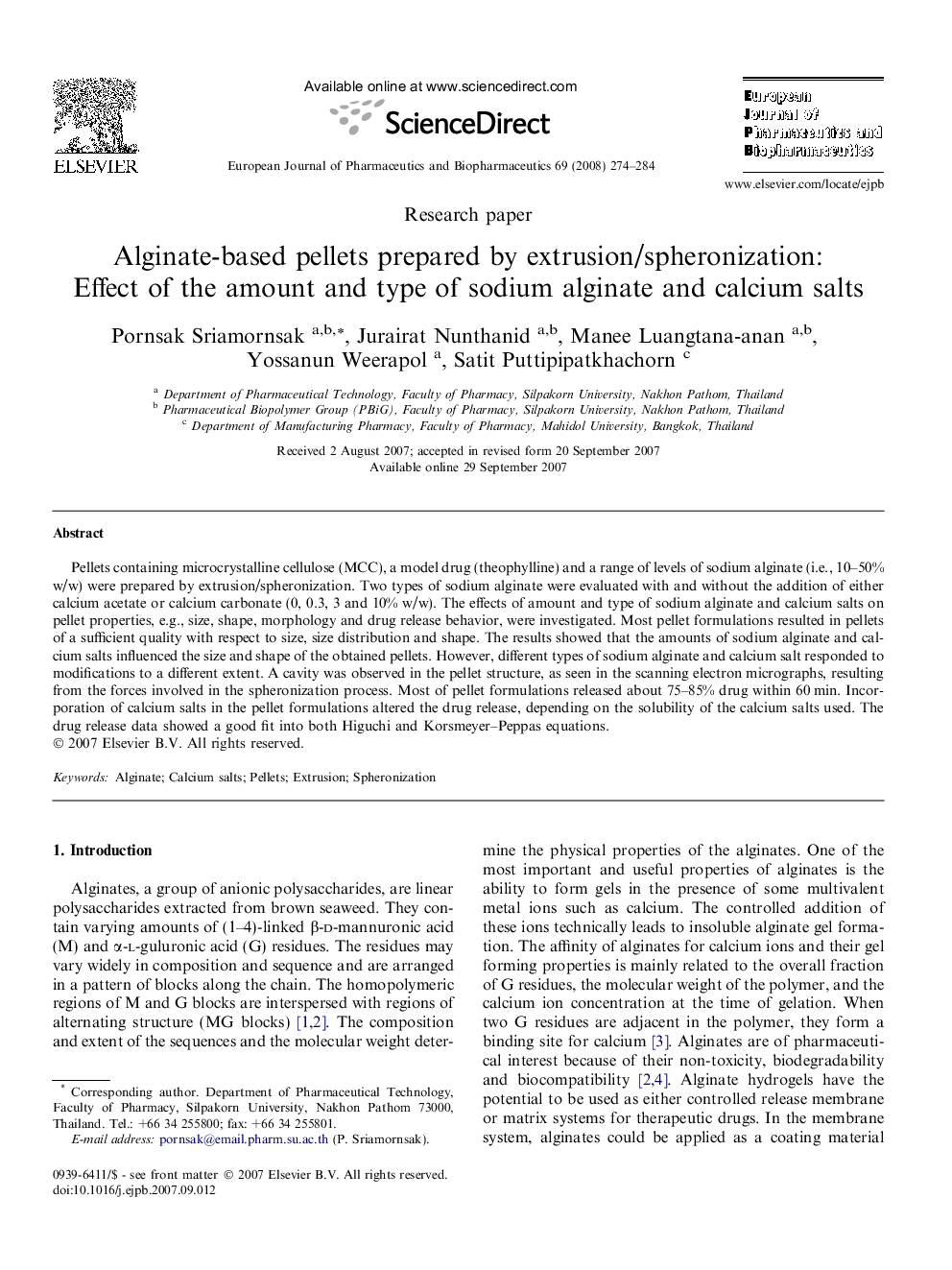 Alginate-based pellets prepared by extrusion/spheronization: Effect of the amount and type of sodium alginate and calcium salts