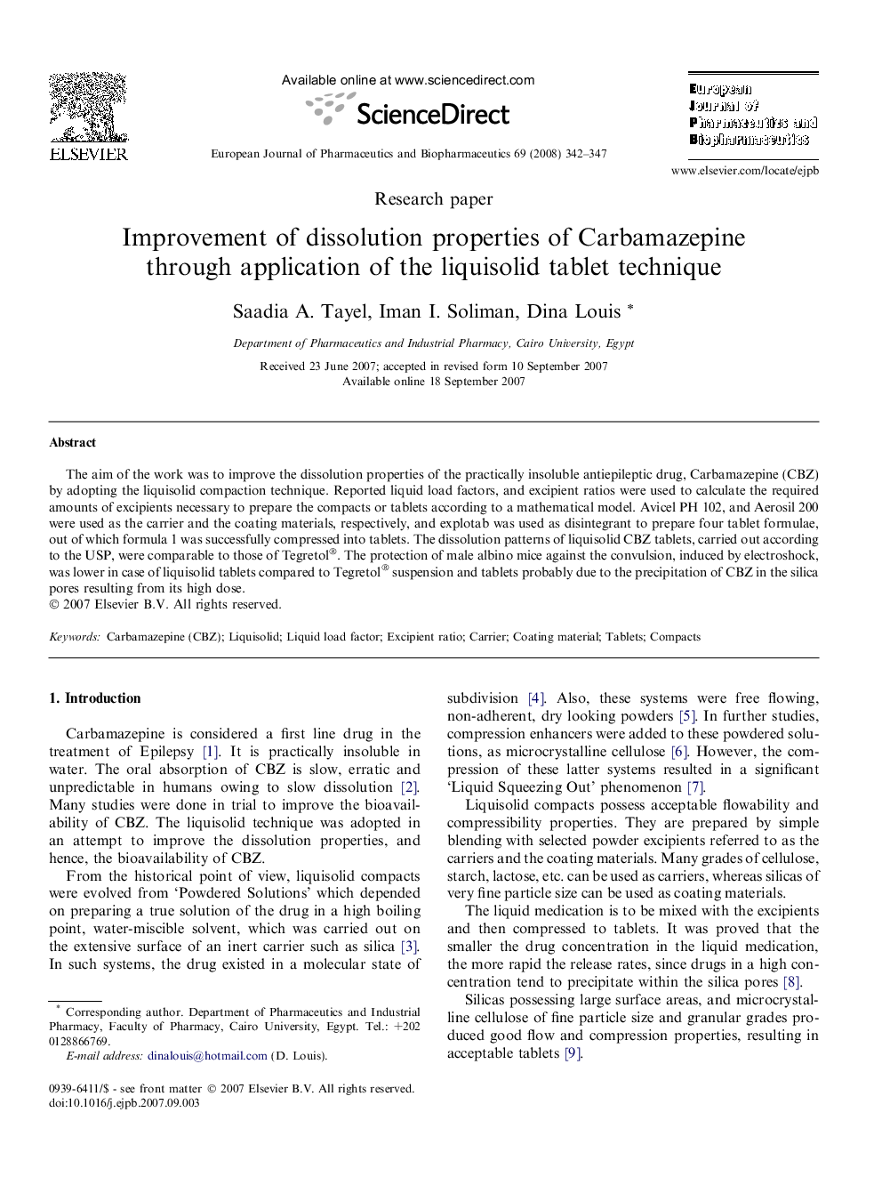 Improvement of dissolution properties of Carbamazepine through application of the liquisolid tablet technique