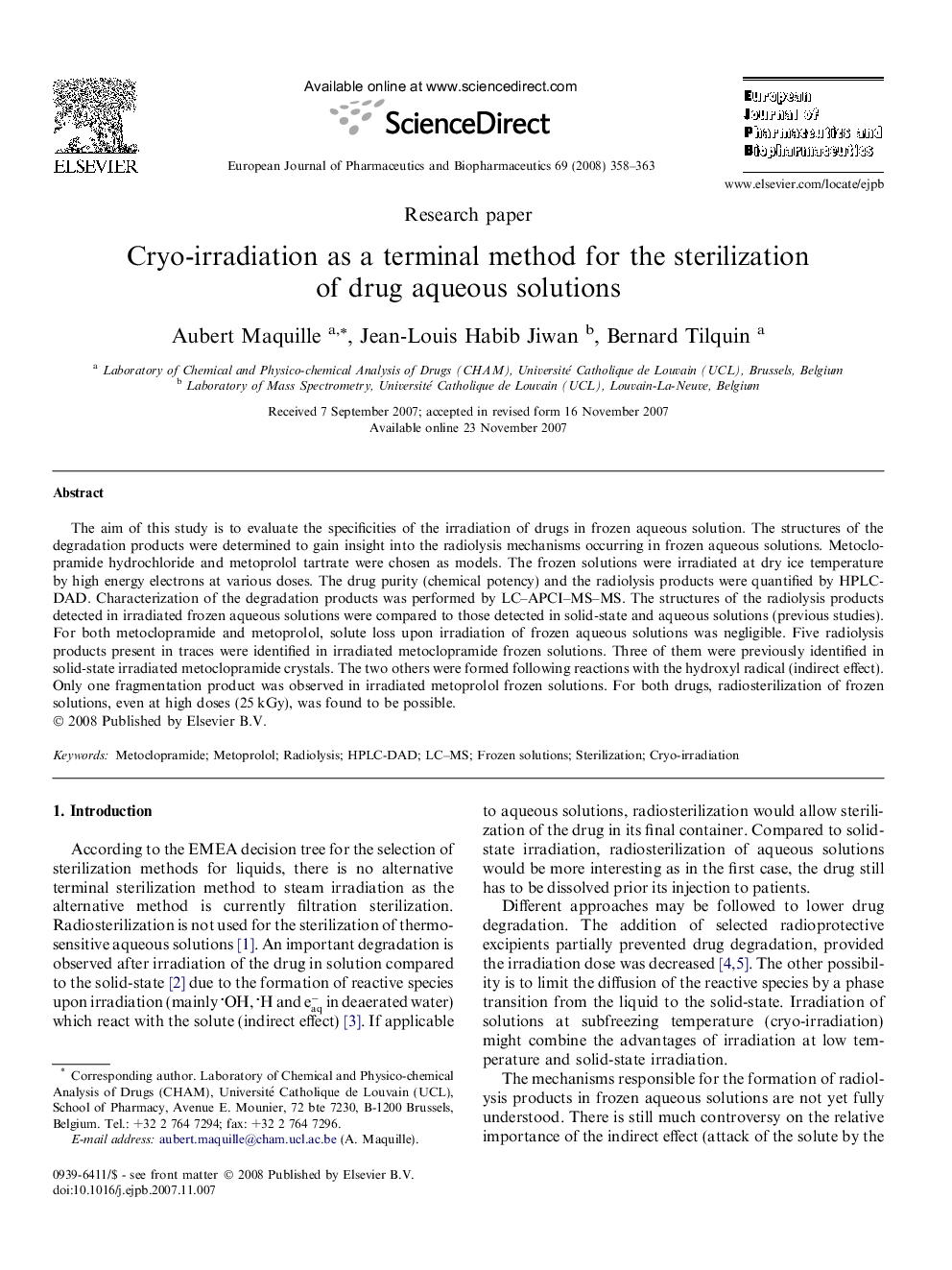 Cryo-irradiation as a terminal method for the sterilization of drug aqueous solutions