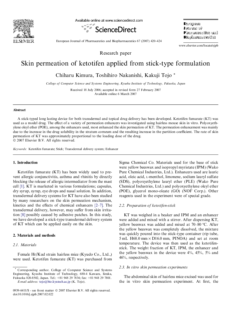 Skin permeation of ketotifen applied from stick-type formulation